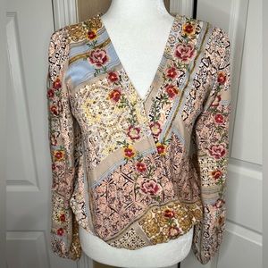 Savanna Jane Floral Embroidered V Neck Boho Top Blouse Size S Draw String